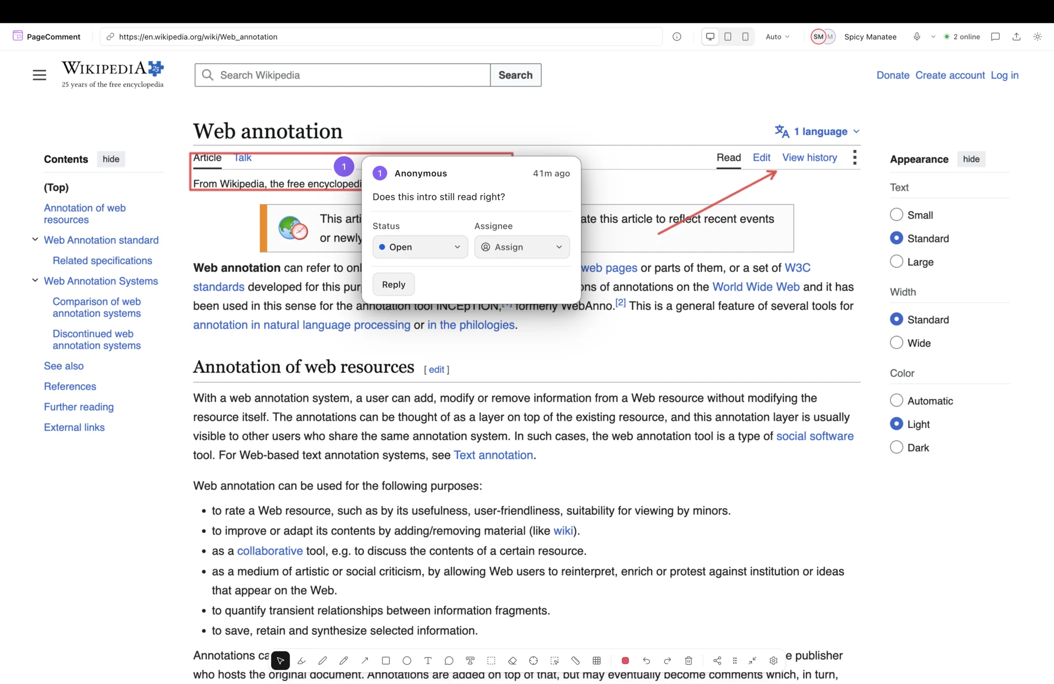 A Wikipedia article open in PageComment, with a red box around the article header, an arrow drawn toward the page controls, and an open comment thread reading “Does this intro still read right?” with status and assignee controls.